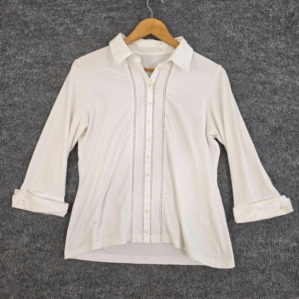 Anne Fontaine Shirt 44 Emily White Stretch Button Up Lace Trim Office Chic Work